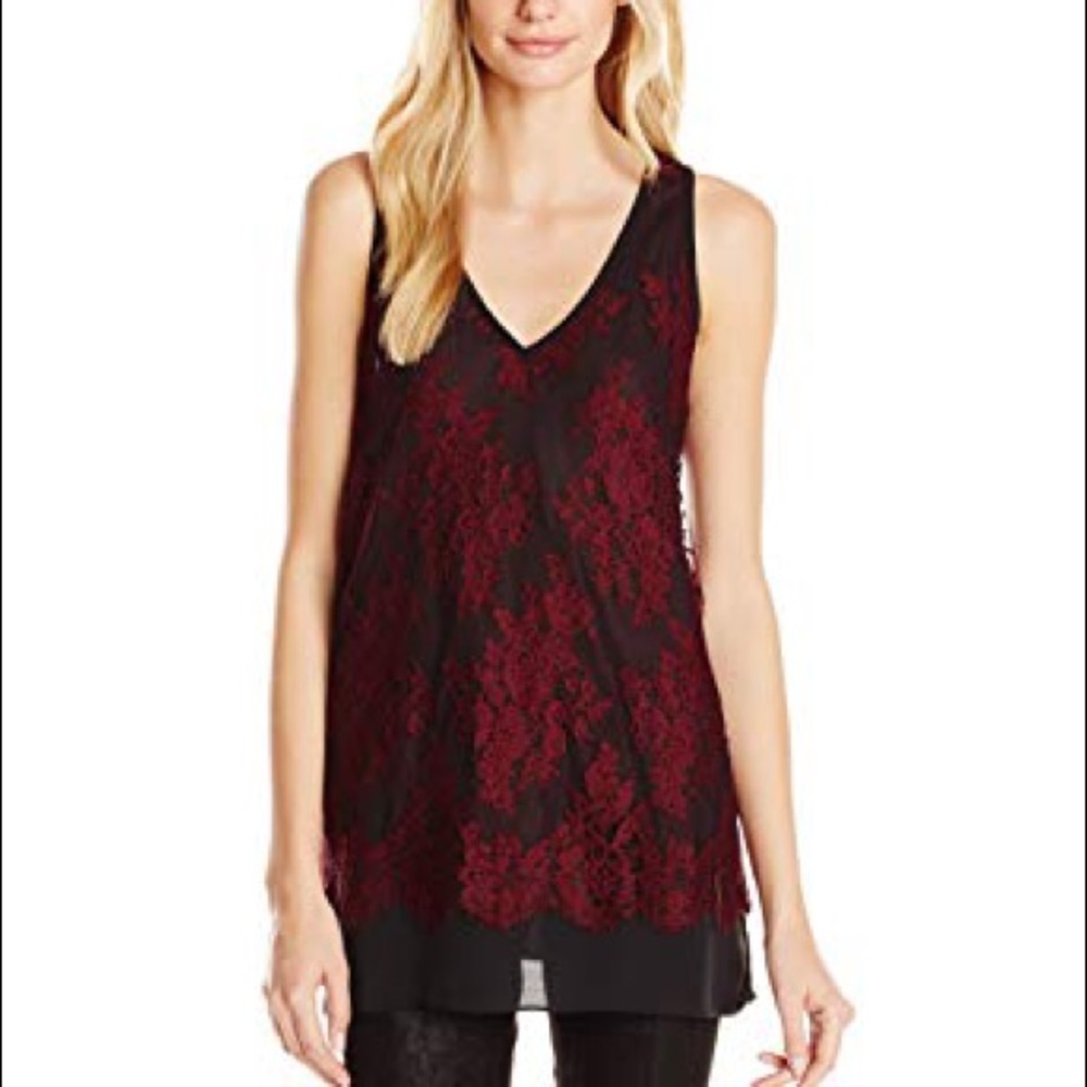Karen Kane High Low Black Lace and Burgundy Top